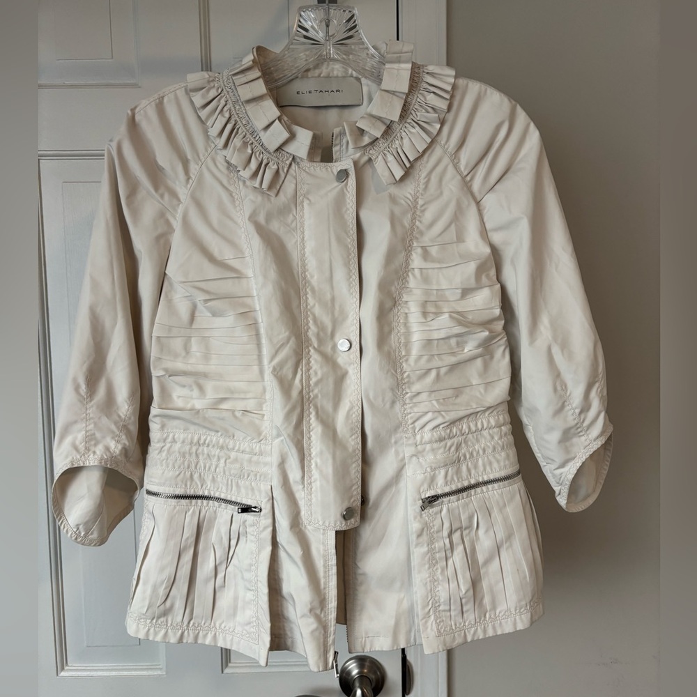 Elie Tahari Cream Utility Jacket with Ruffle Detail